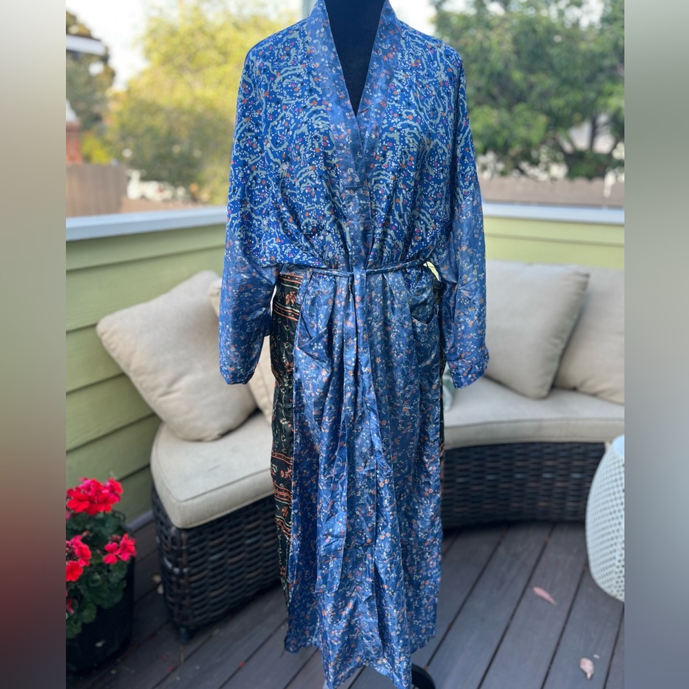 Blue Silk Patchwork Print Kimono - image 2